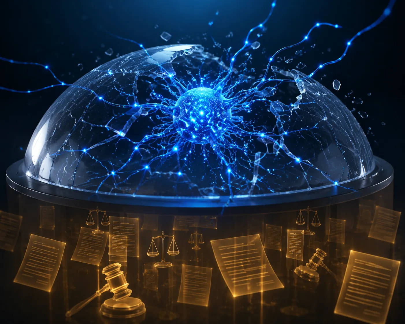 Glowing AI node breaking through a containment dome above legal symbols