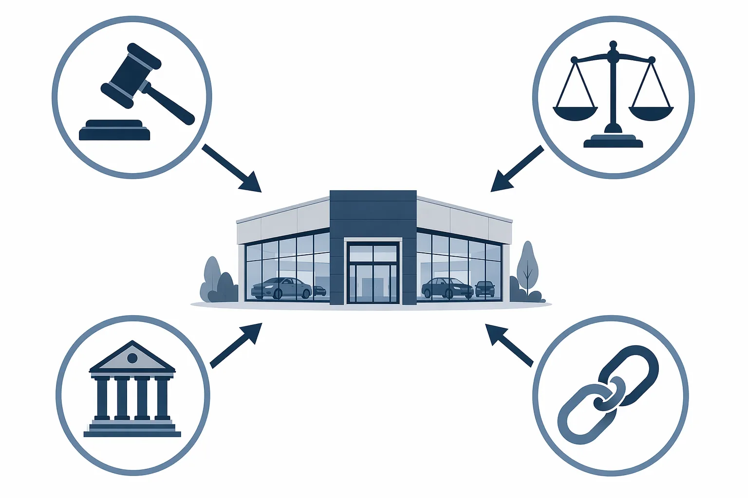 A dealership icon surrounded by symbols for defamation, tortious interference, FTC liability, and vicarious liability
