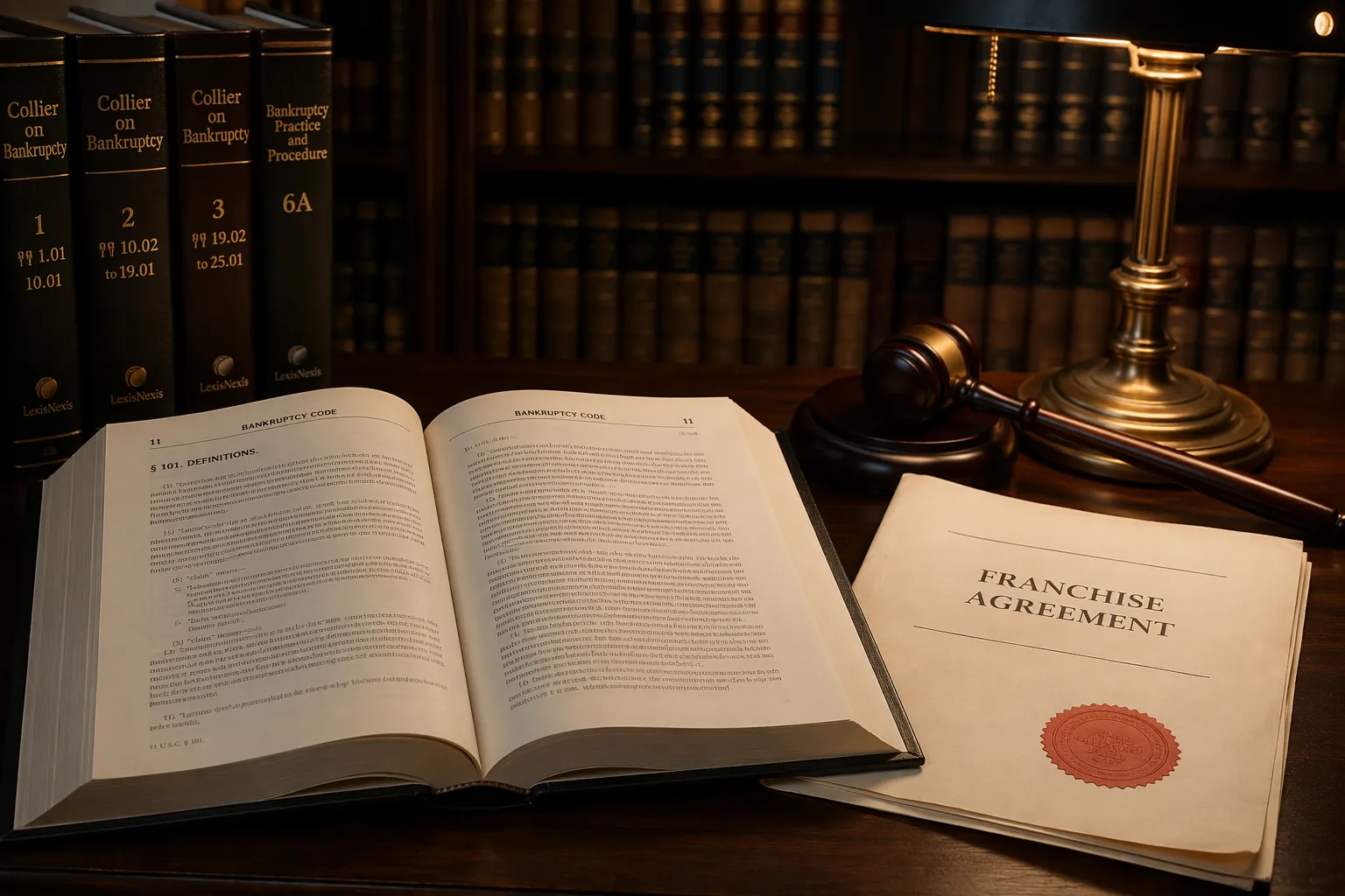 Open Bankruptcy Code statute book beside a franchise agreement and gavel in a law library