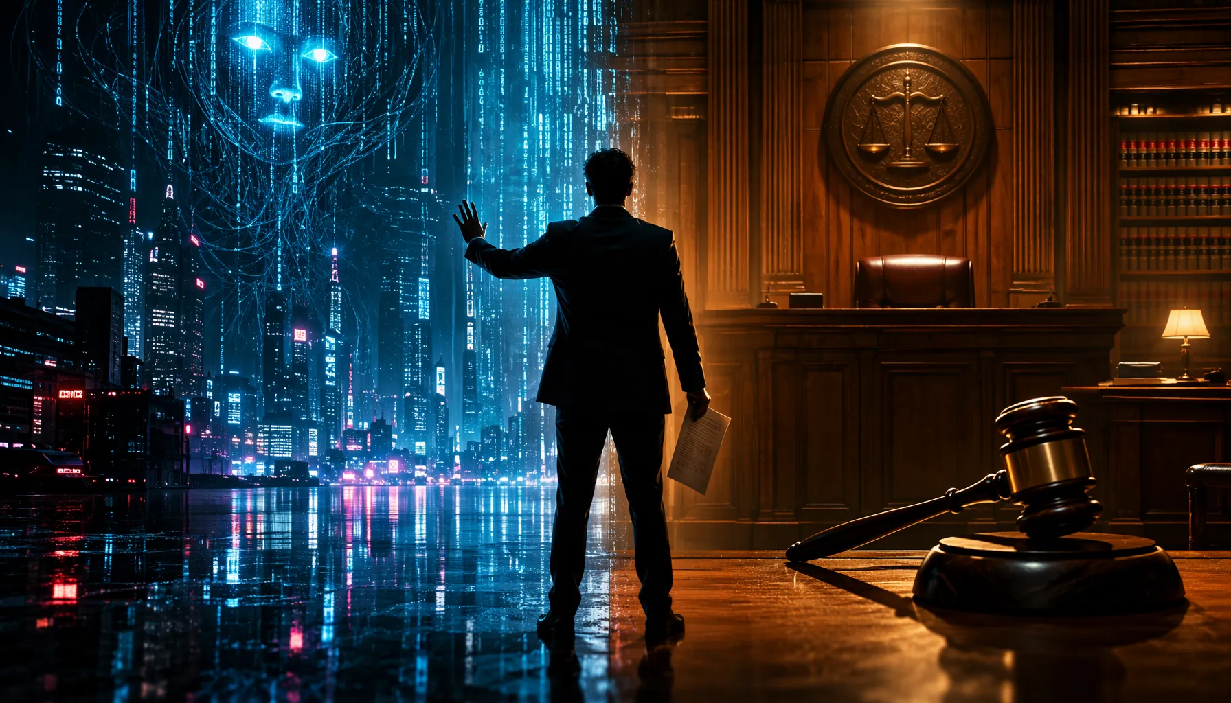 Neon cyberpunk city and courtroom split by a suited figure holding a legal document