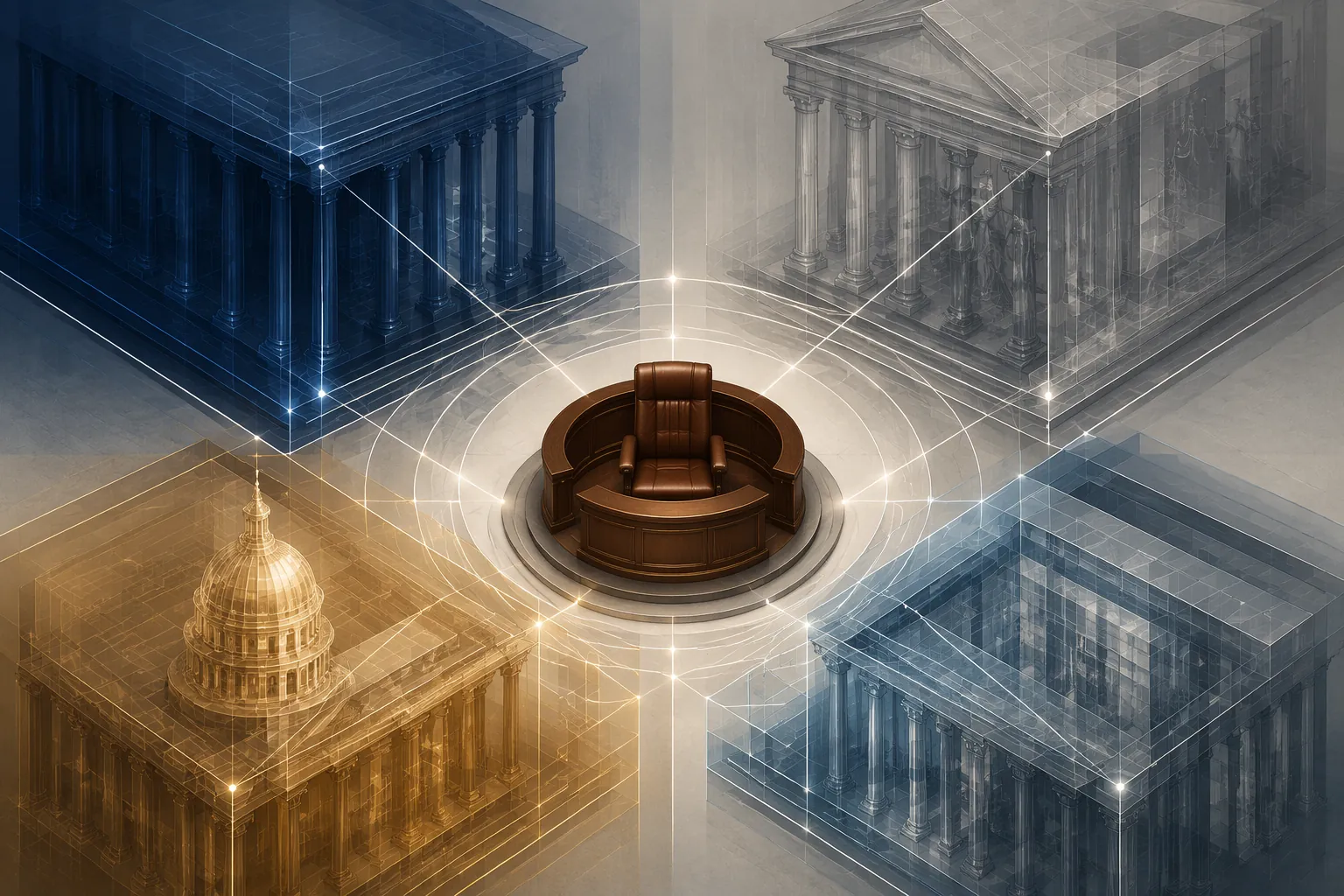 Four legal-framework pillars converging on an empty congressional chamber seat