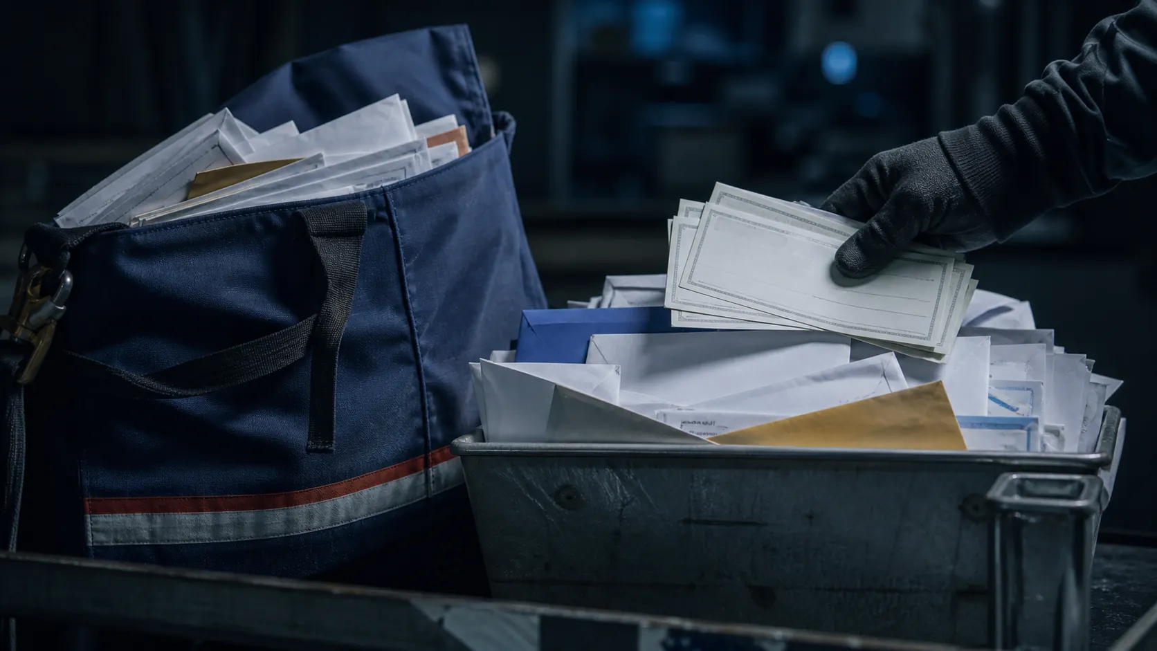 Mail satchel and sorting tray filled with envelopes and checks under surveillance-style lighting