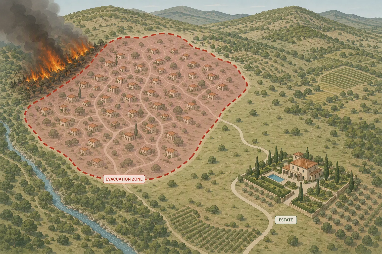 Map-style diagram showing a wildfire evacuation zone with an estate icon outside the official boundary