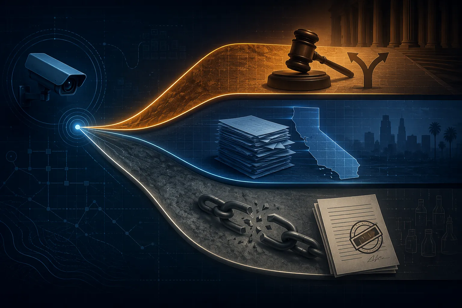 Three parallel illuminated legal-risk pathways diverging from a surveillance camera node