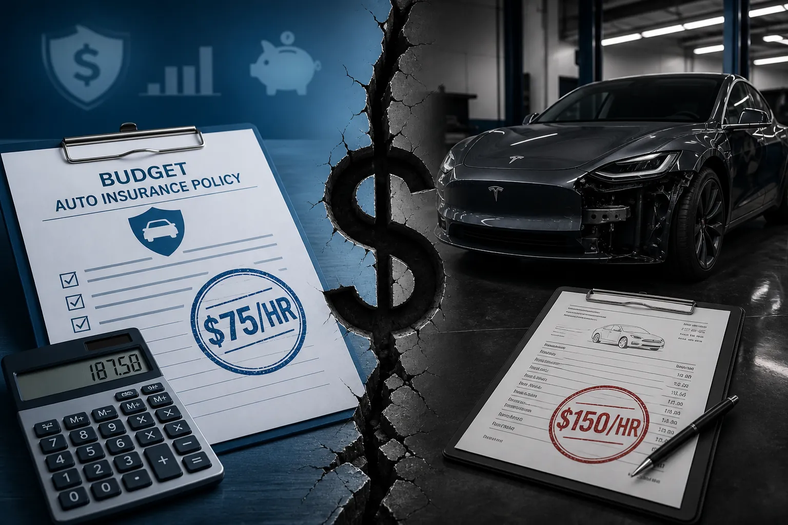 Budget insurance labor reimbursement compared with Tesla-certified repair shop labor rate