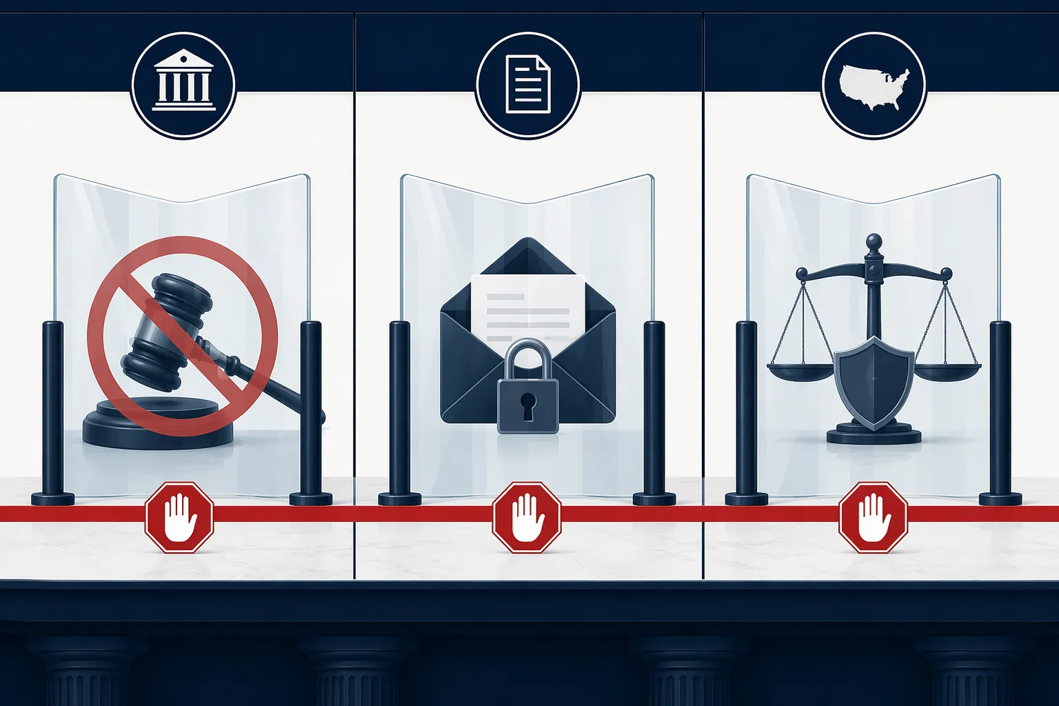 Three blocked legal barriers showing limits on prosecution threats, mail-ballot restrictions, and federalism