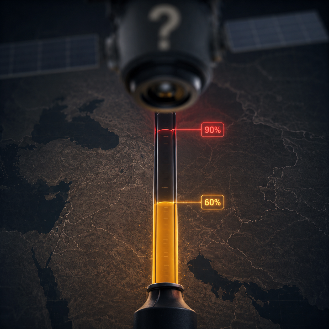 Enrichment gauge rising from 60 percent toward a 90 percent threshold with a satellite lens above it