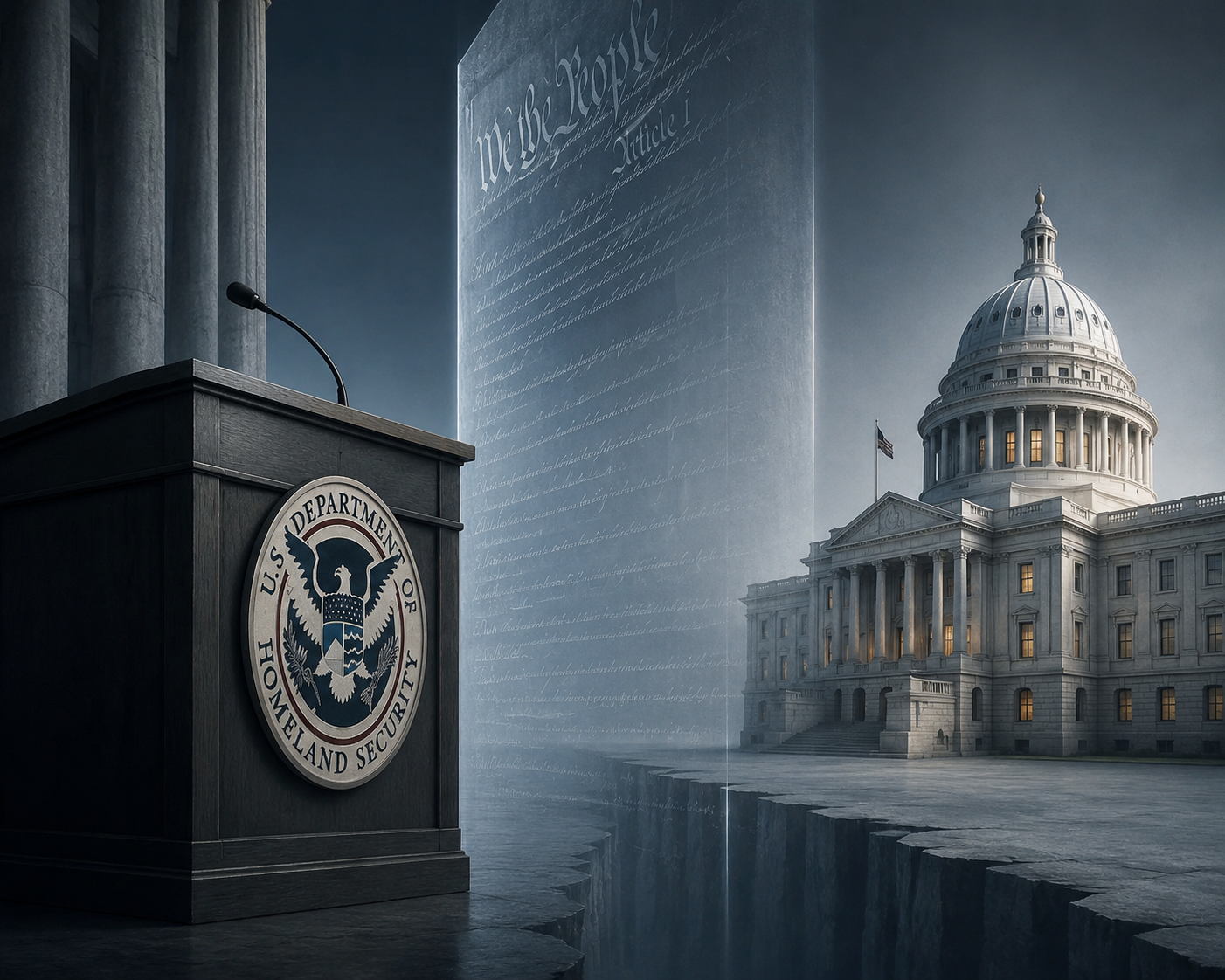 A Department of Homeland Security podium separated from a state capitol by a legal barrier