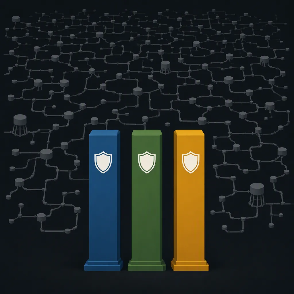 Three bright cybersecurity pillars standing in front of a wide gray network of water-system nodes