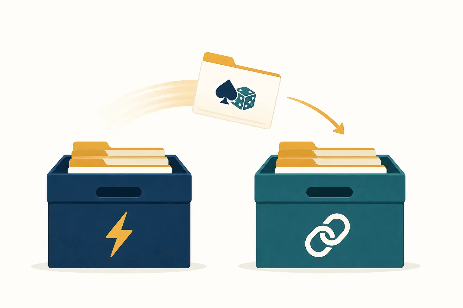 File card with spade and dice moving from an impulse-control box to an addictive-disorders box