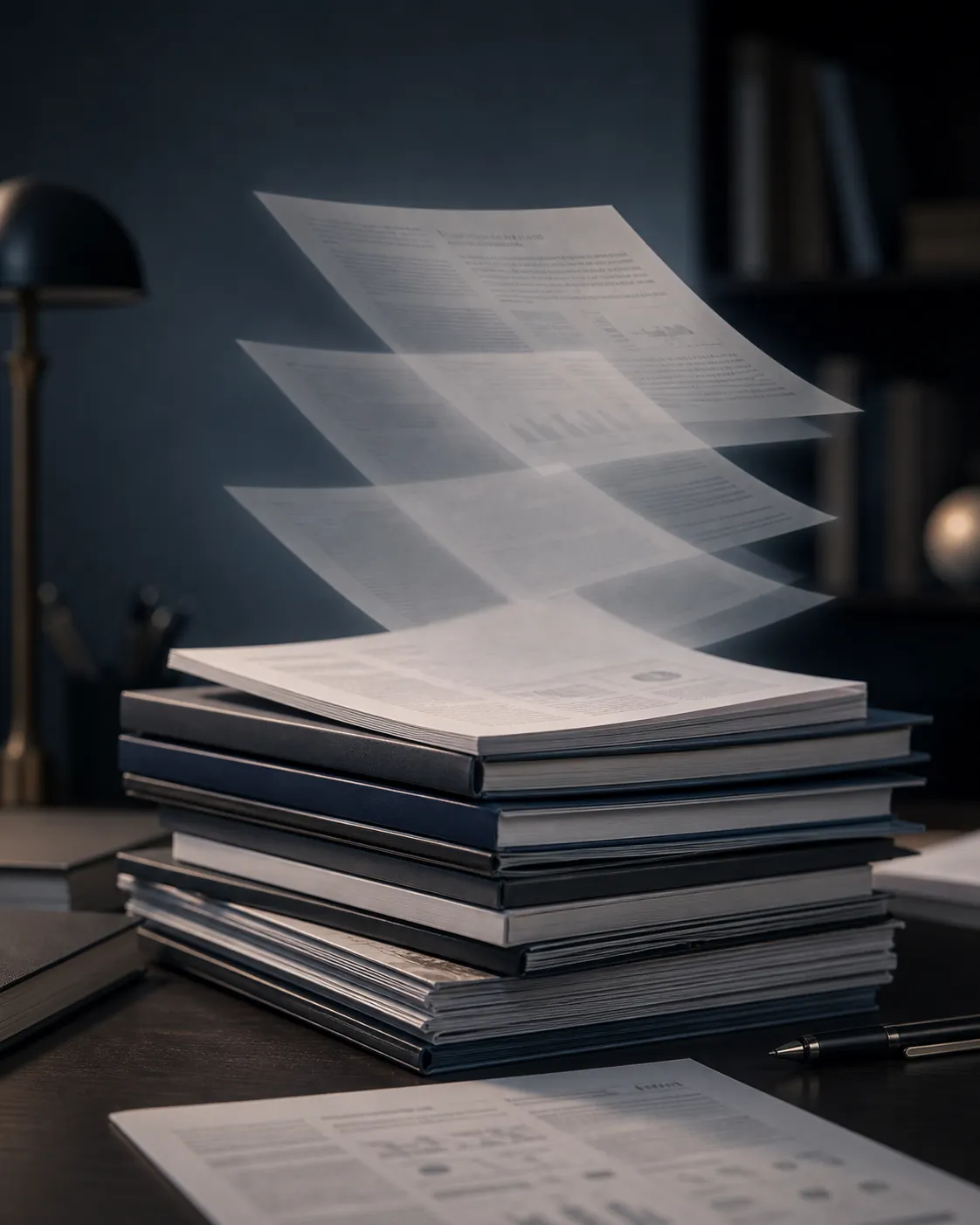 Academic journals and reference sheets on a dark desk with ghostly document pages hovering above them