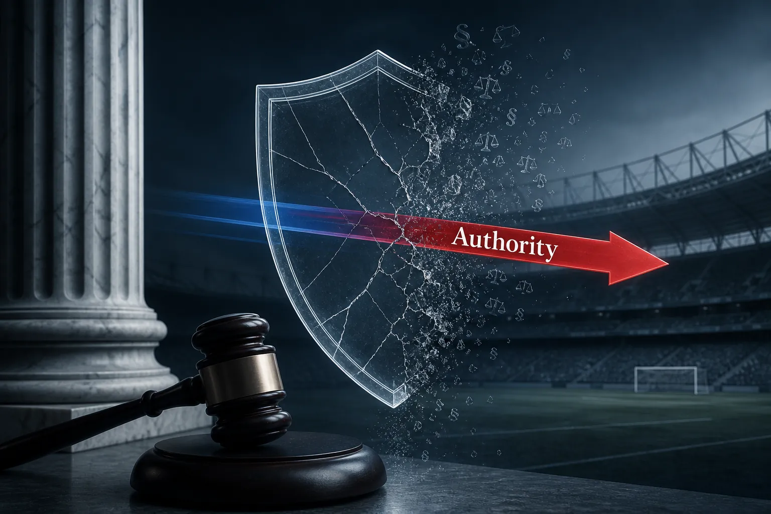 Courthouse gavel, faint stadium, and cracked translucent shield suggesting a legal protection that did not fully hold