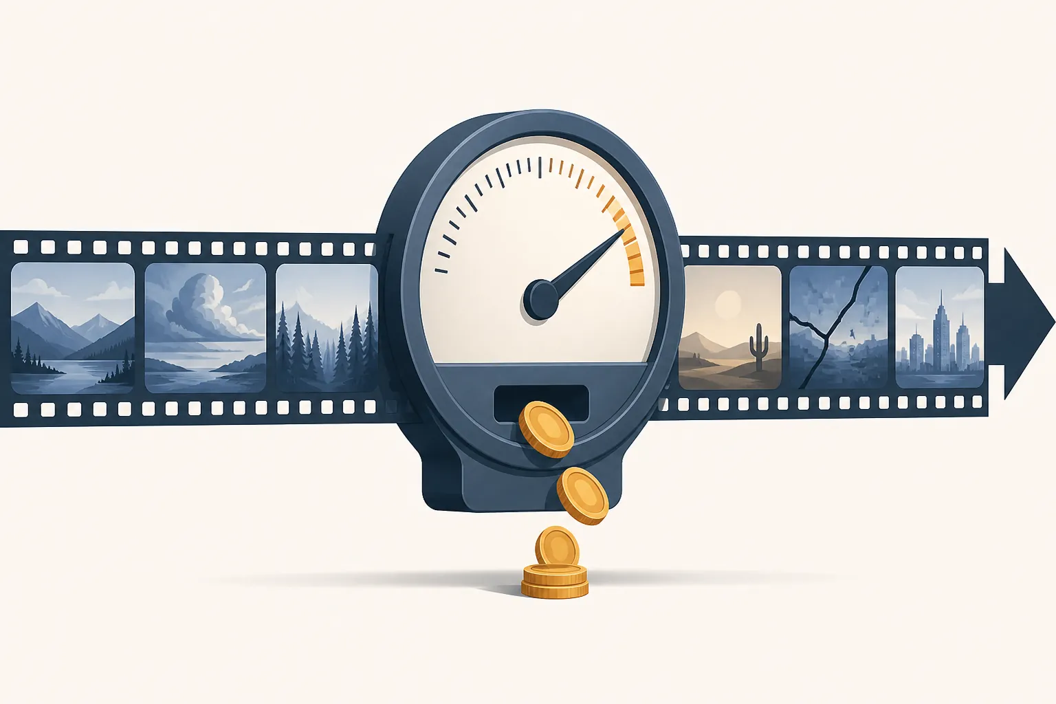 Video timeline running through a metering dial while coins fall and one failed frame is still billed