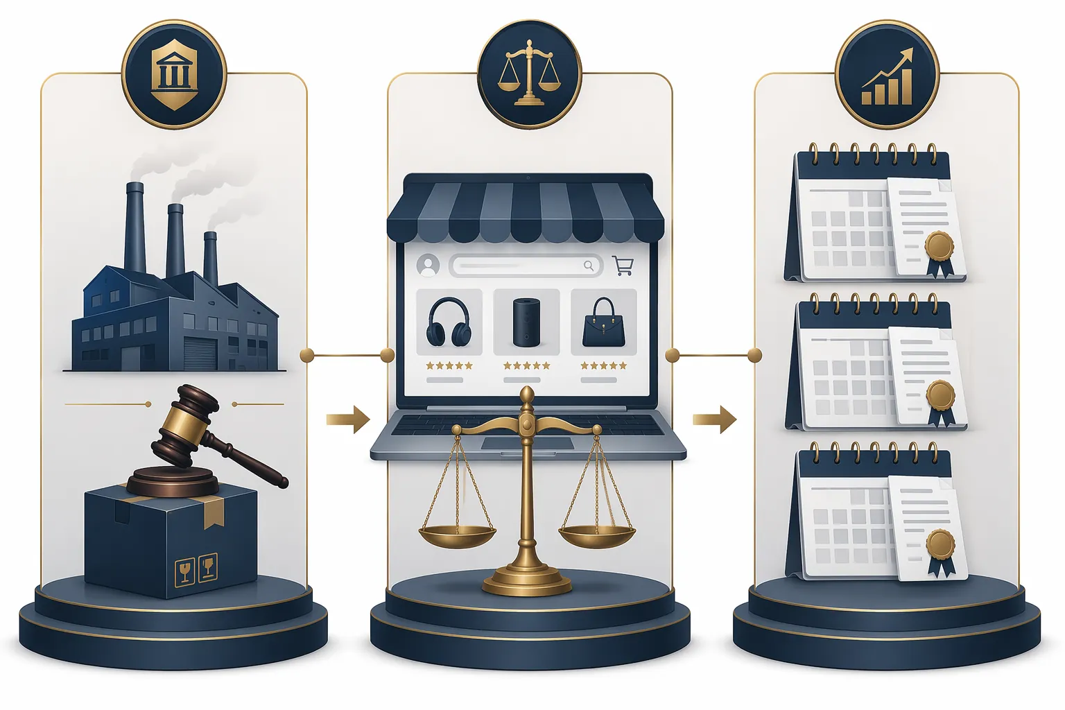 Infographic showing manufacturer, online marketplace, and repeated recall document columns connected by legal pathways