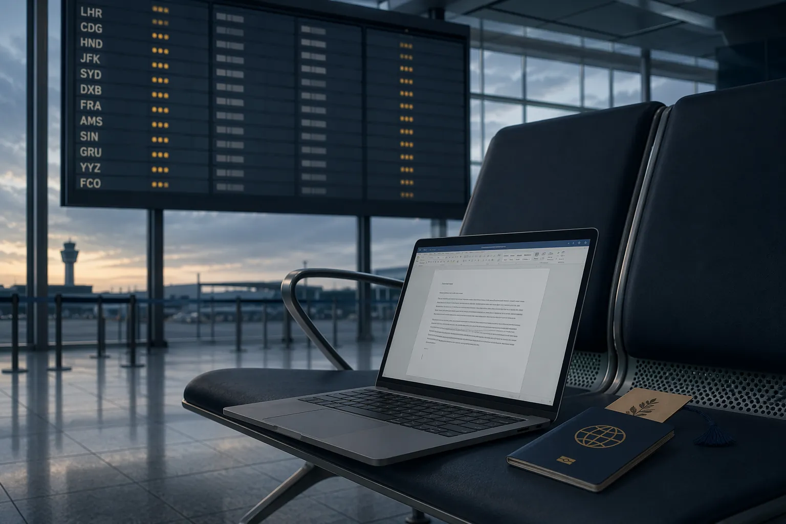 Empty airport waiting area with a laptop showing an unfinished academic paper and a passport beside it