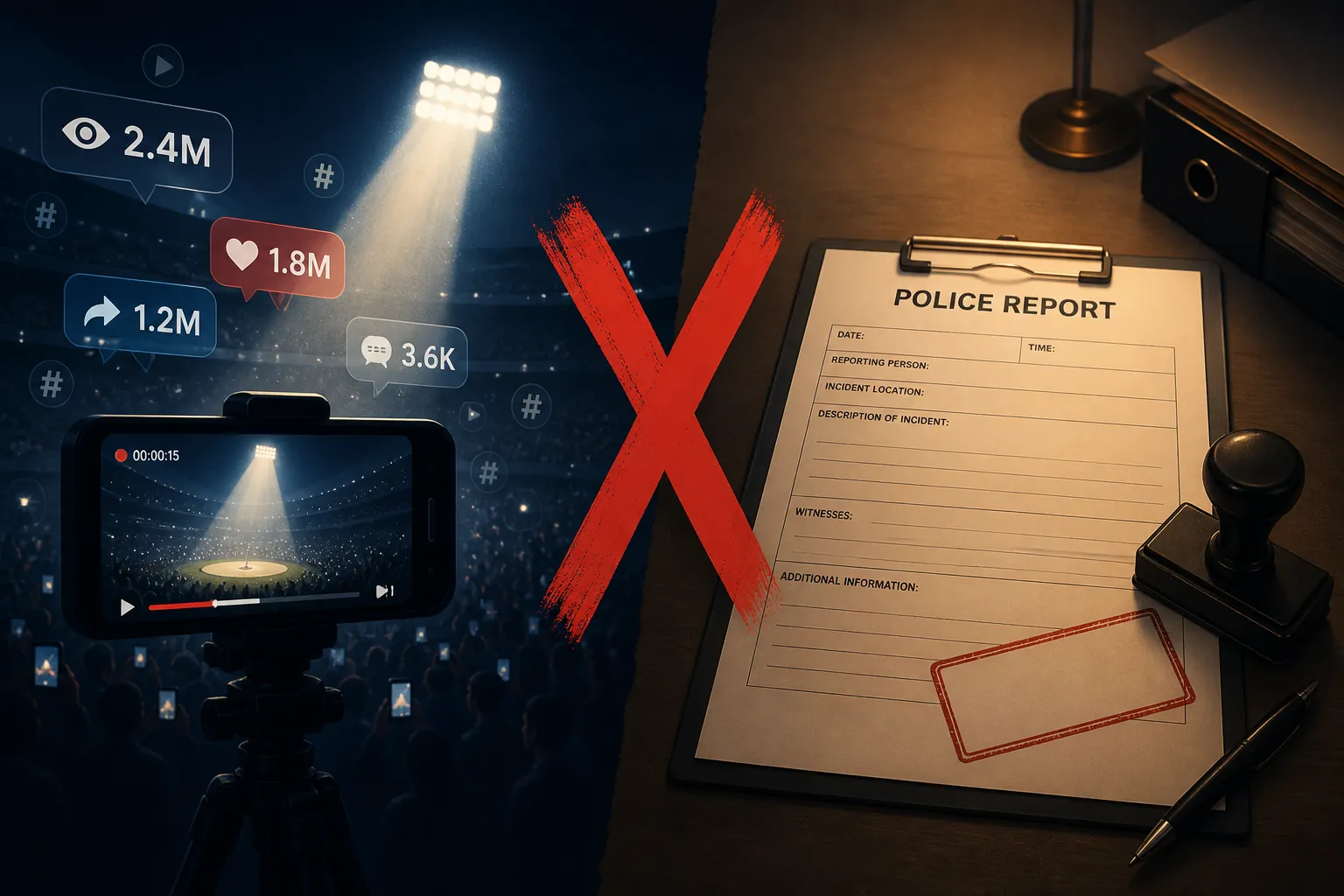 Stadium viral video attention separated from an empty police report form with no case indication