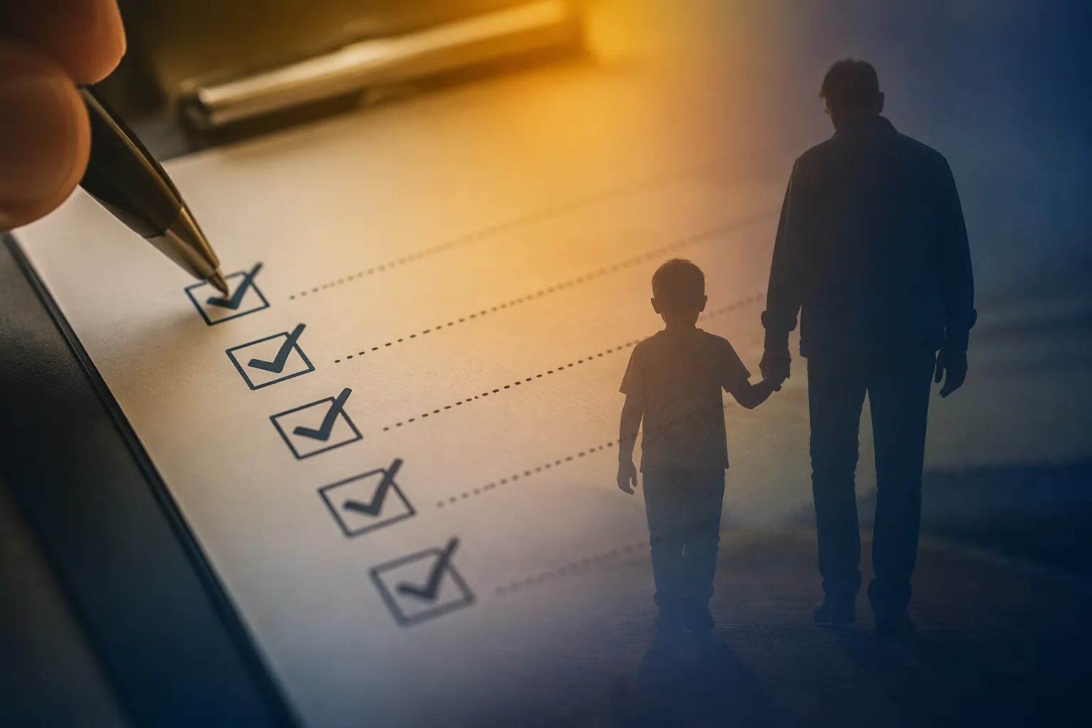 Procedural checklist on a desk with silhouettes of an adult and small child
