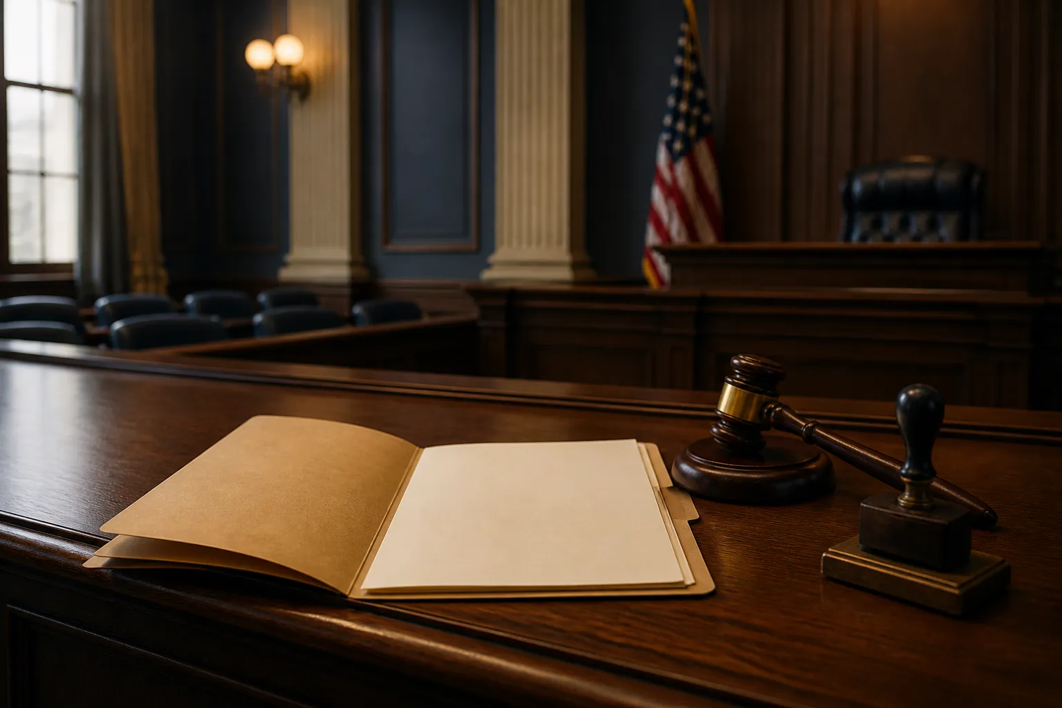Open criminal case file on a courtroom bench with a gavel and verification stamp