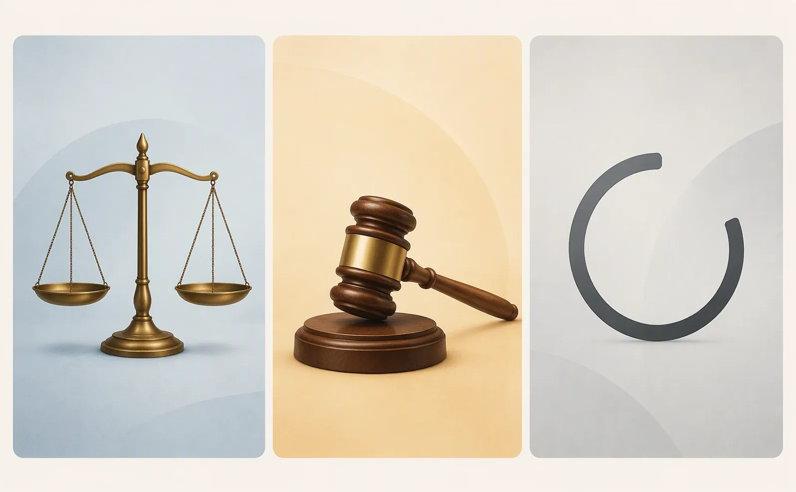 Three abstract legal symbols distinguishing acquittal, conviction, and unresolved verdict states
