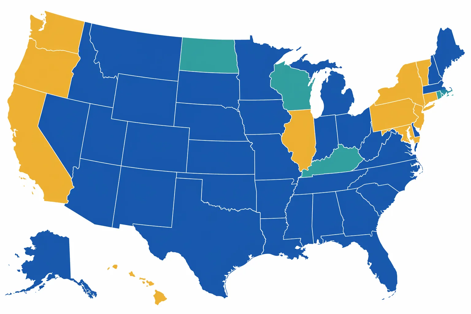 Color-coded United States map showing three categories of Senate vacancy regimes