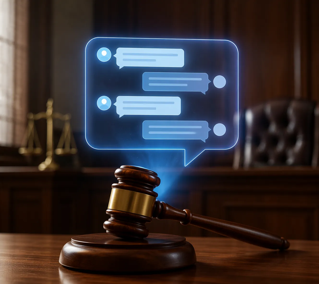 Courtroom gavel with a glowing ChatGPT conversation bubble presented as evidence