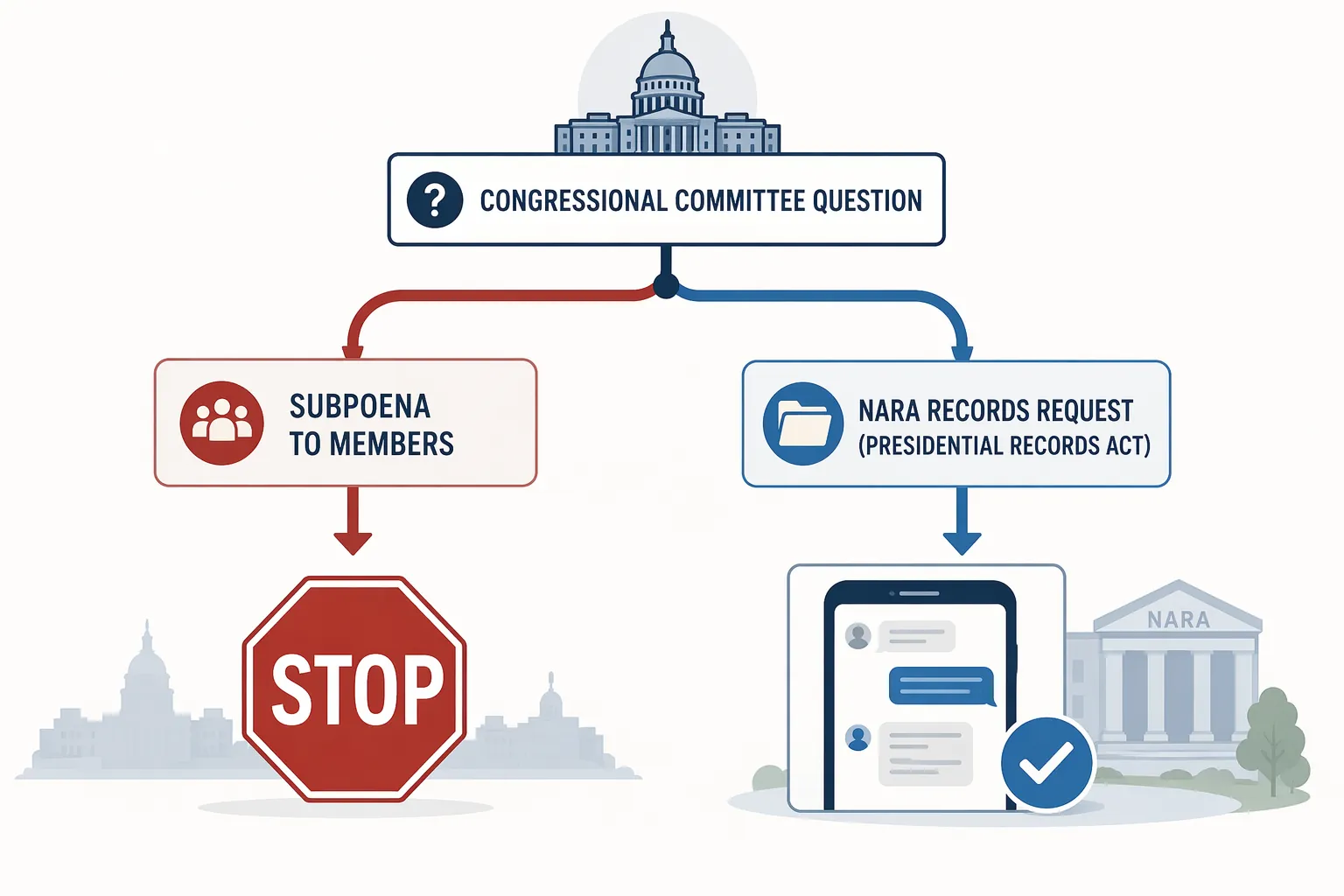 Diagram comparing a subpoena to members with a NARA records request path to text message content