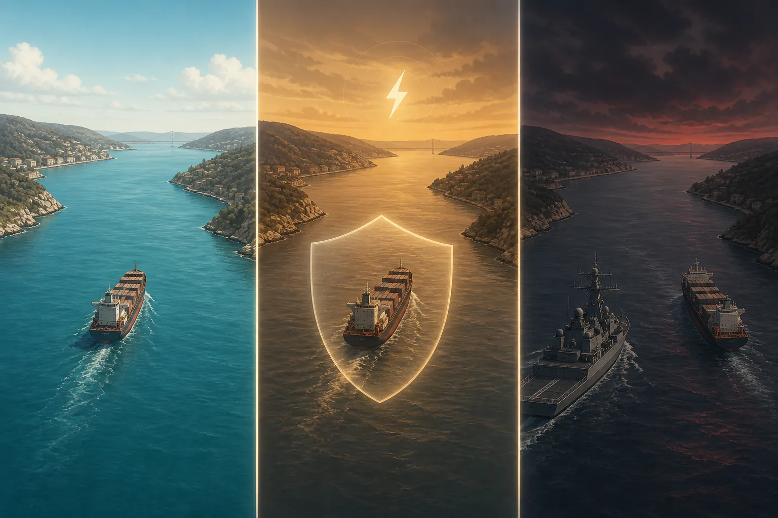 Conceptual illustration of a strait moving from free merchant passage to self-defense and naval-warfare phases