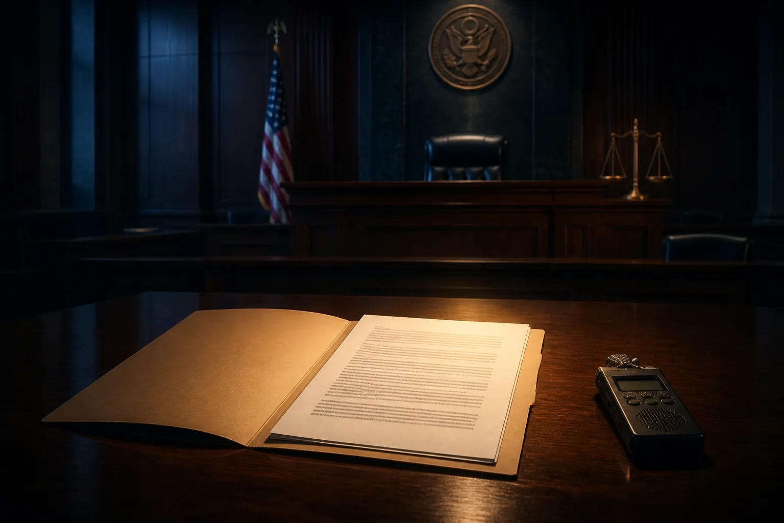 Courtroom evidence table with a typed confession document and handheld audio recorder under a spotlight