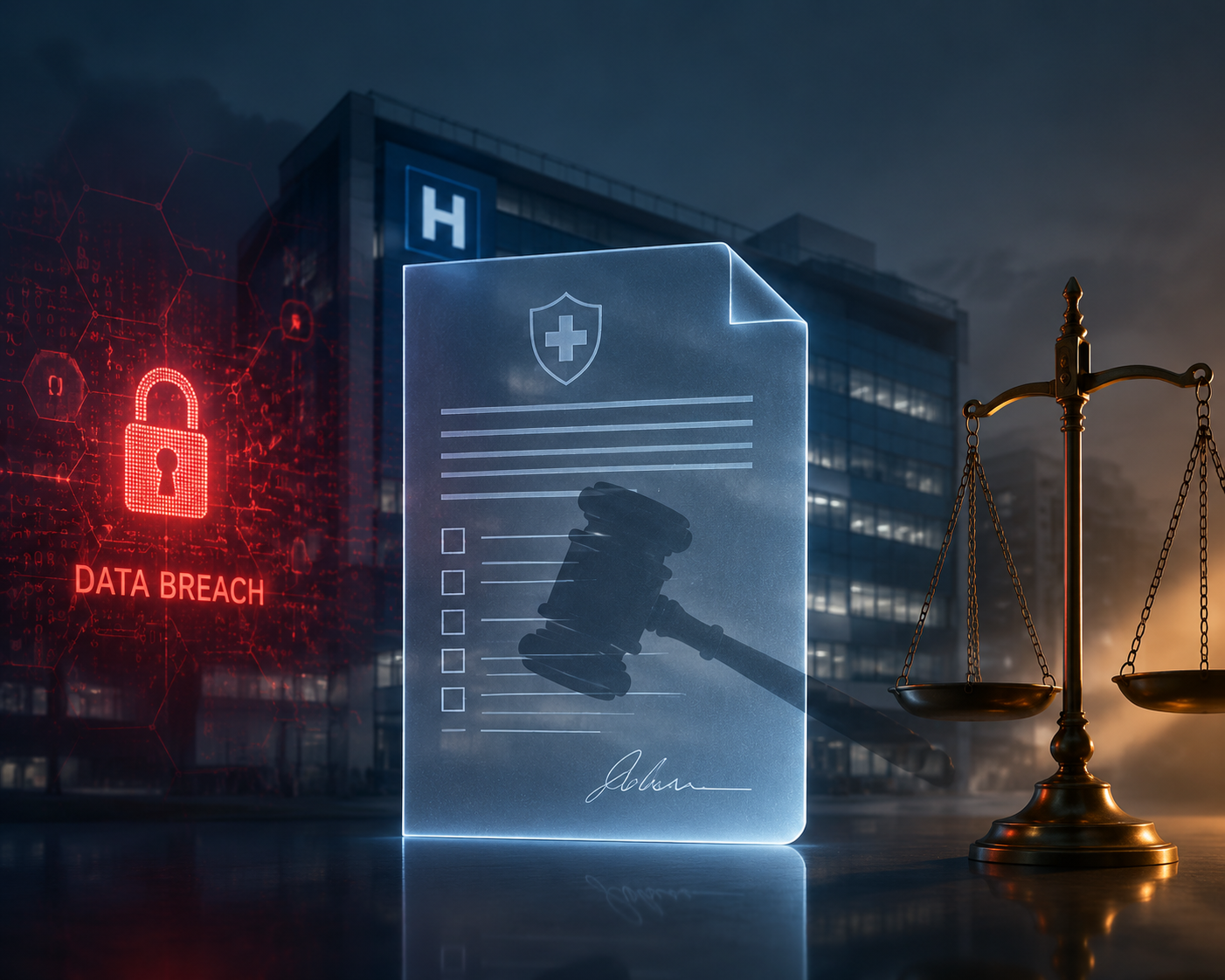 Hospital silhouette overlaid with legal documents, a gavel, warning light, and justice scale