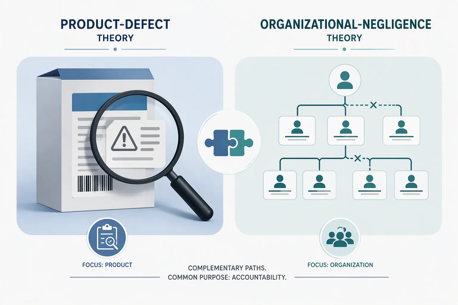 Editorial illustration comparing product-defect claims with organizational-negligence claims
