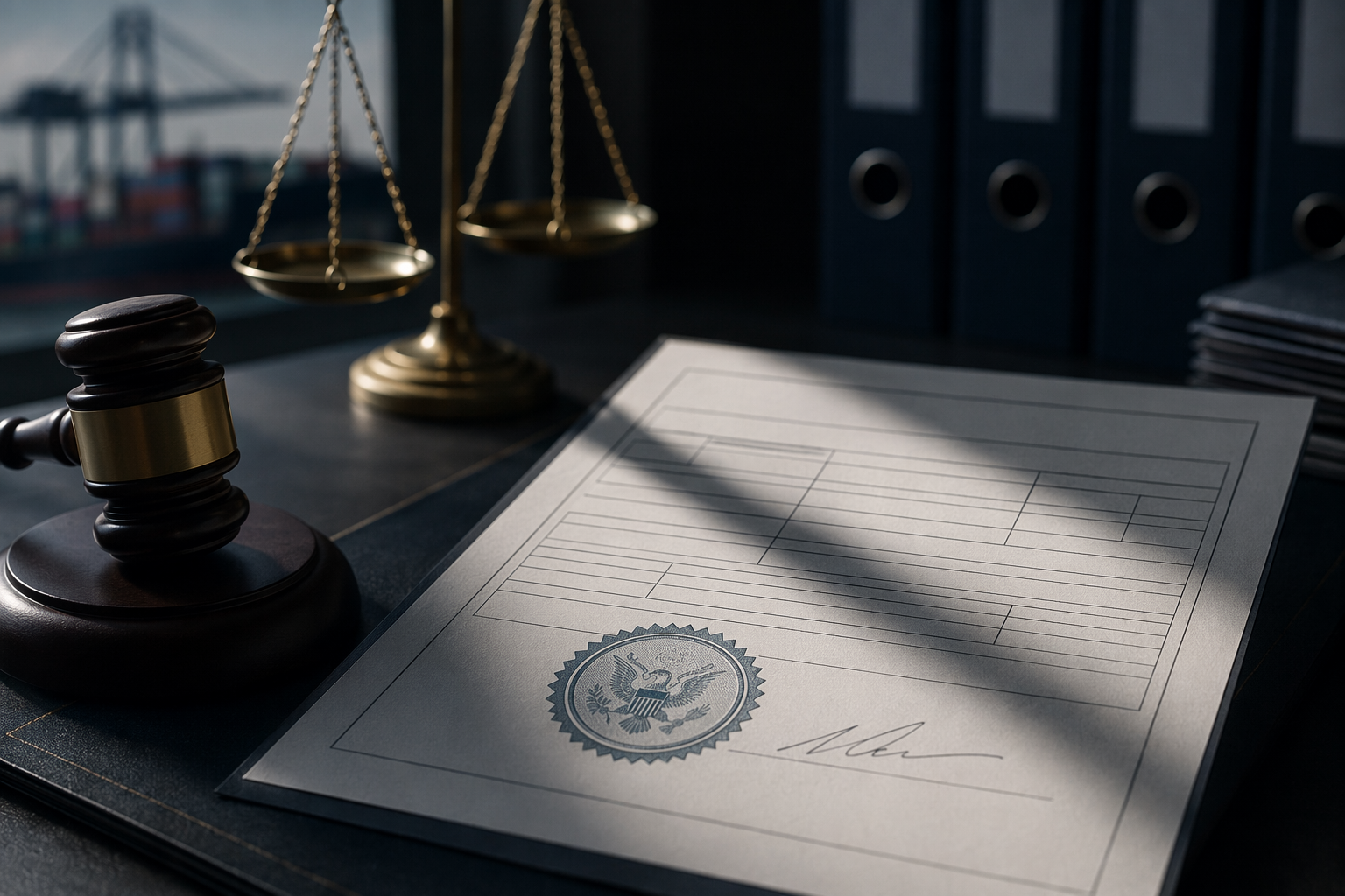 Customs entry document with certification attestation and legal enforcement imagery