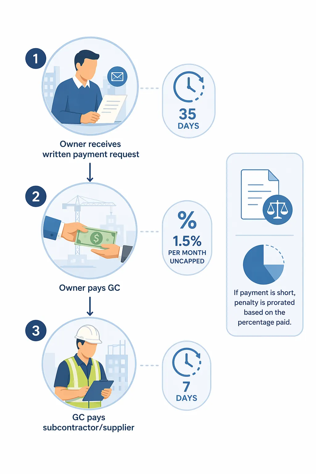 Payment workflow infographic showing owner 35-day clock, uncapped penalty, GC 7-day downstream payment, and proration rule
