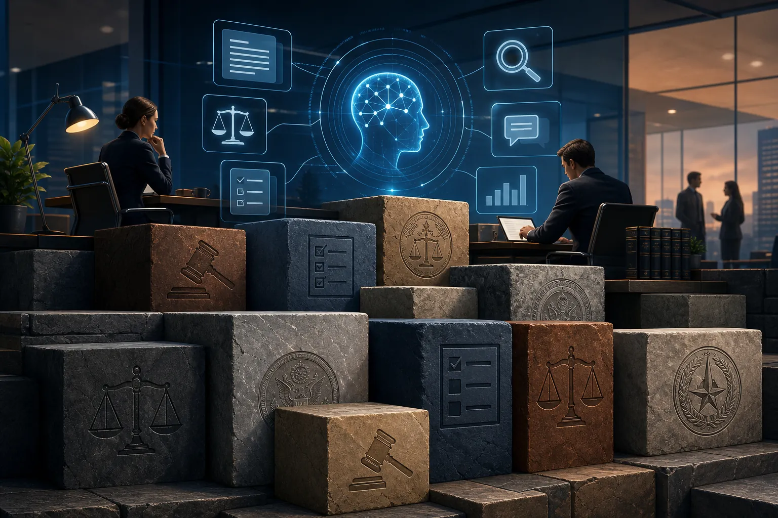Law firm digital workspace with AI interface elements above an uneven foundation of legal symbols