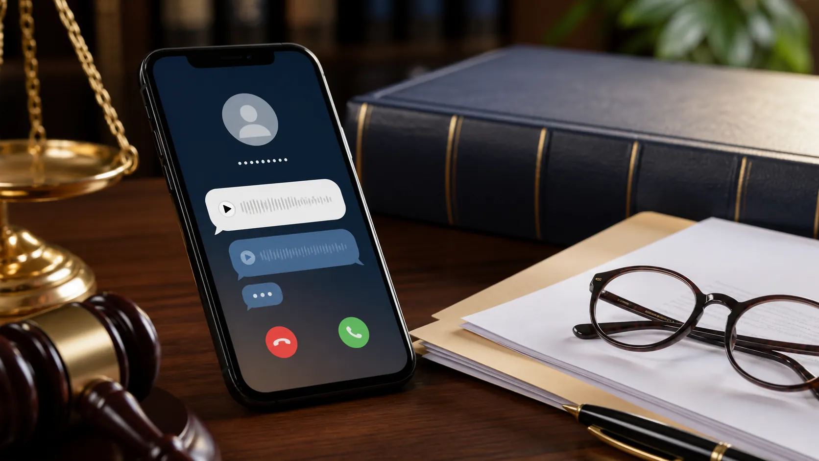iPhone on a lawyer's desk showing a call screening transcript among legal documents