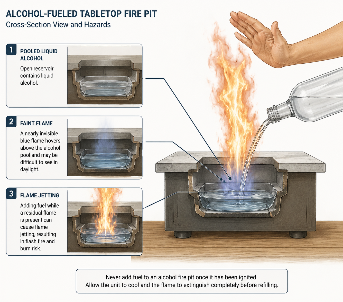 Technical diagram showing pooled alcohol, near-invisible flame, and flame jetting during refueling in a tabletop fire pit