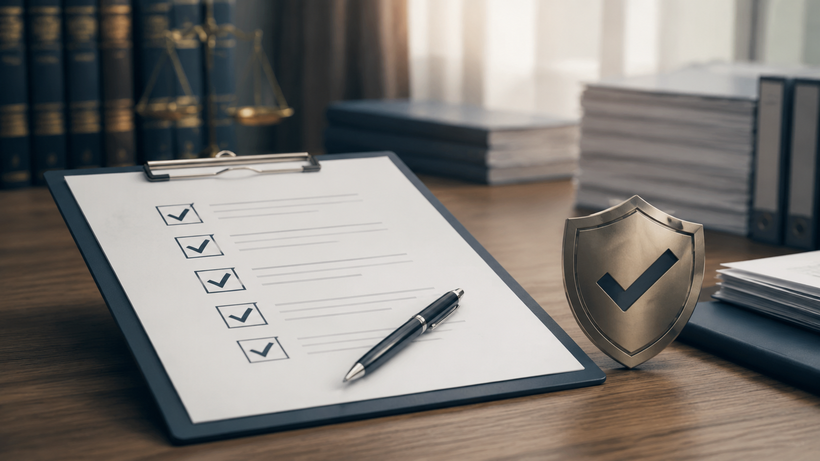Clipboard with a partially checked compliance list on a desk