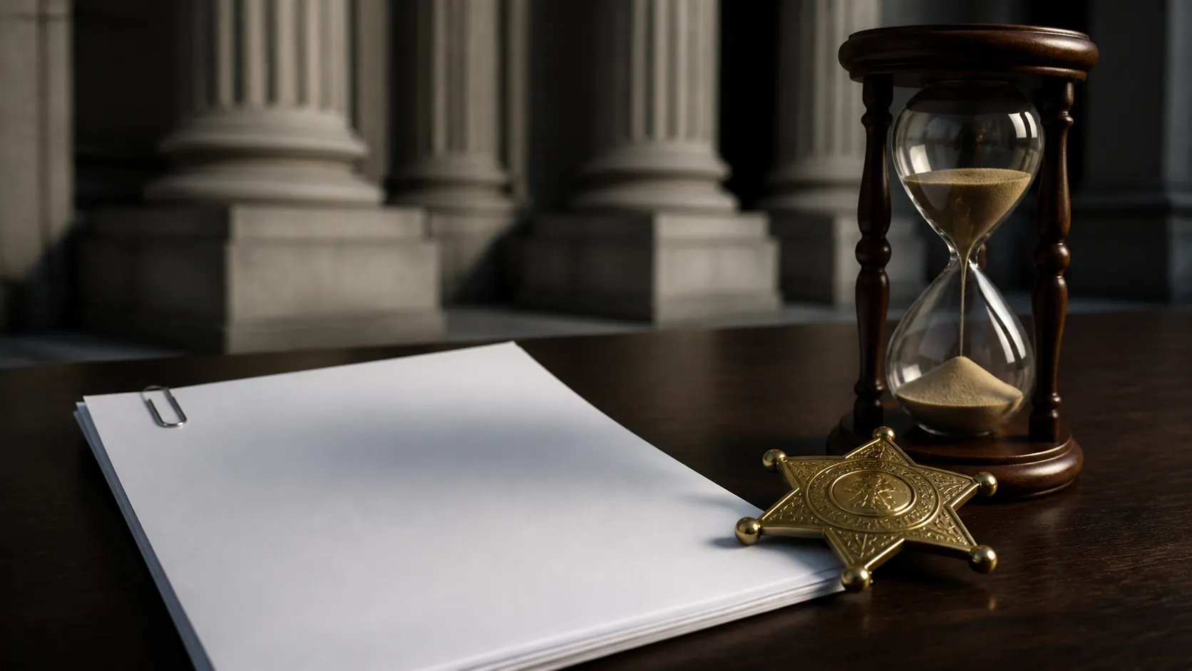 A blank legal claim document, sheriff's badge, and hourglass on a dark desk, suggesting a pre-suit settlement demand awaiting a statutory deadline