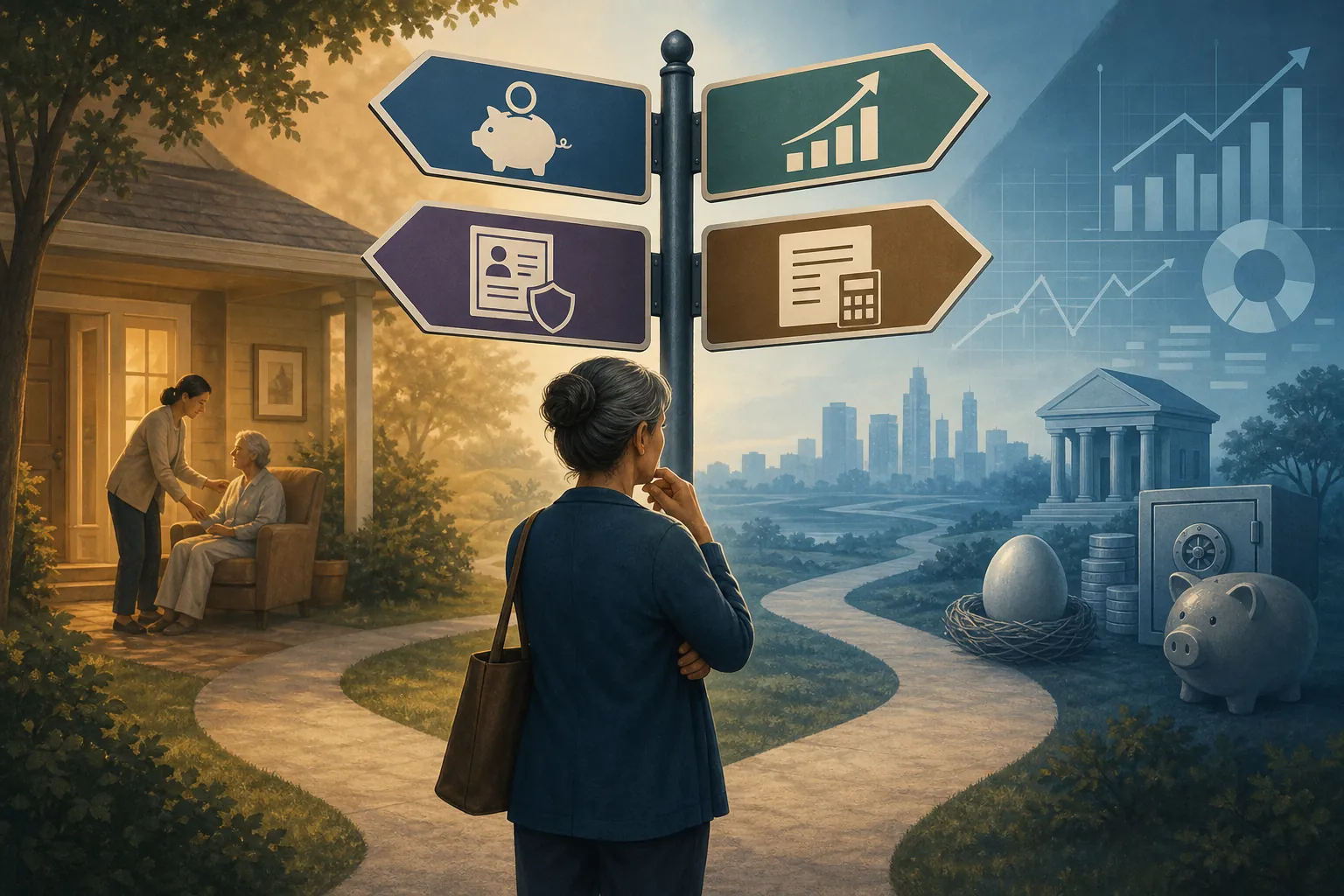 Caregiver at a crossroads with four paths for Roth IRA, catch-up contributions, Social Security credit, and tax credit approaches