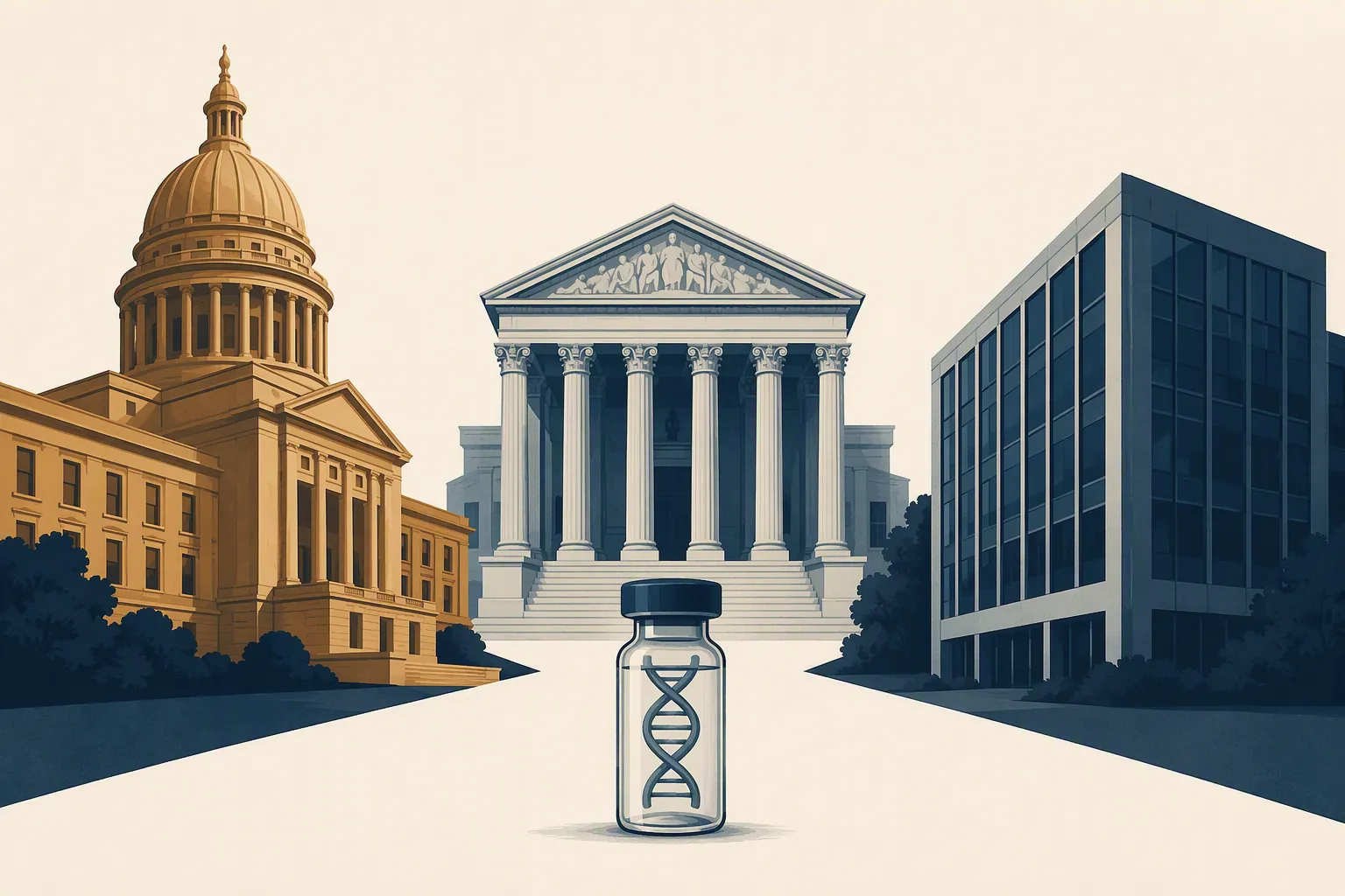 State capitol, federal courthouse, and regulatory office tower surrounding a vial with a DNA helix