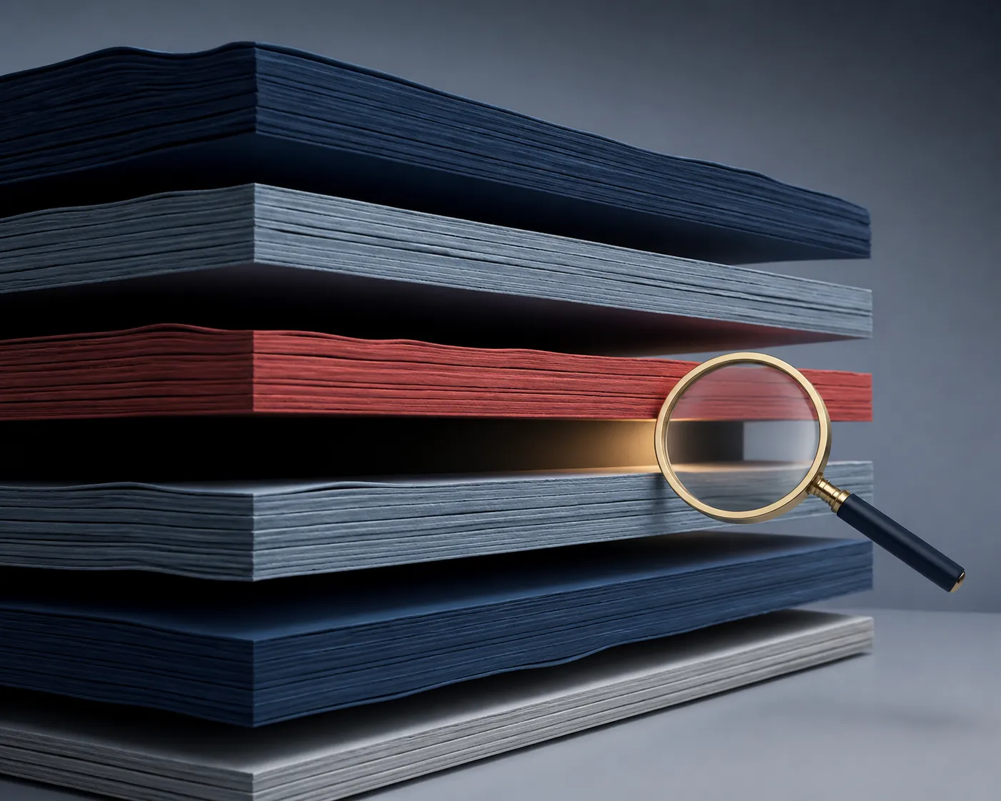 Stacked regulatory rule layers with visible gaps under a magnifying glass