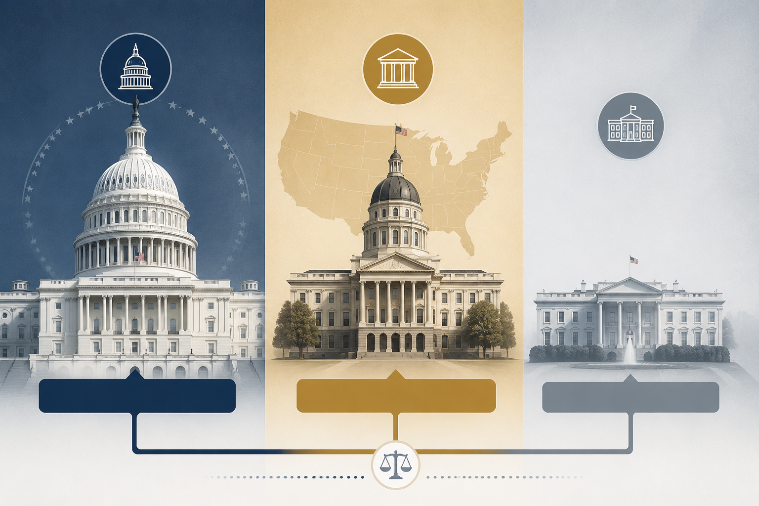 Illustration of Congress, a state capitol, and the White House showing constitutional allocation of election authority