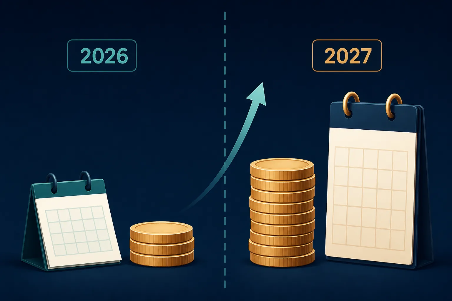 A 2026 calendar with three coins beside a 2027 calendar with a doubled coin stack