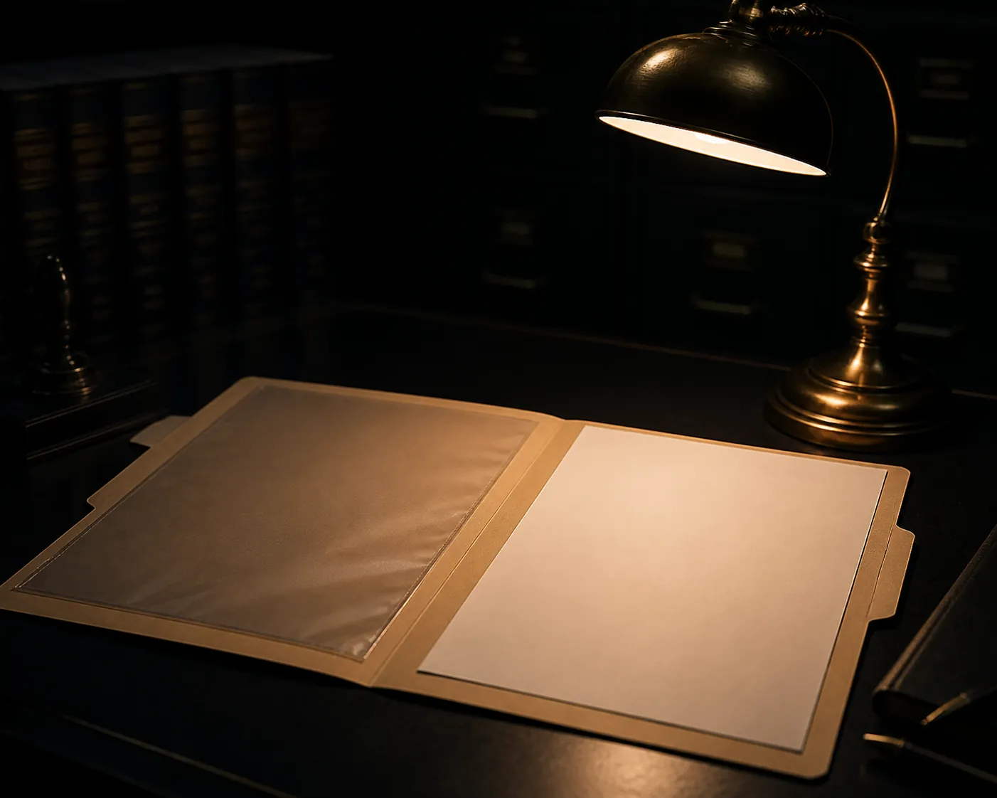 Open legal file with an empty document sleeve where a government blocking order should be
