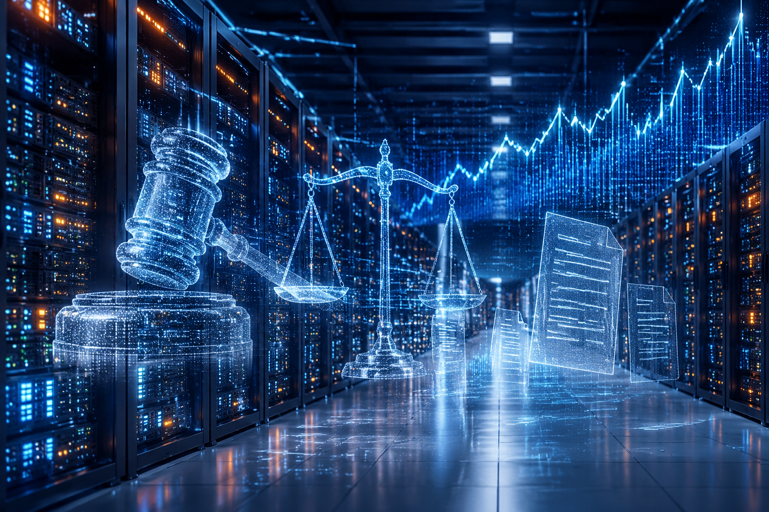 Data center hallway with legal symbols and a rising financial graph