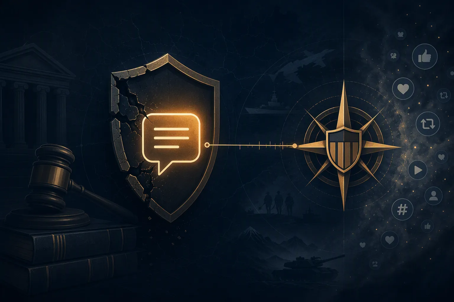 Illustration of a social media comment measured against a military mission emblem to represent the speech-mission nexus requirement