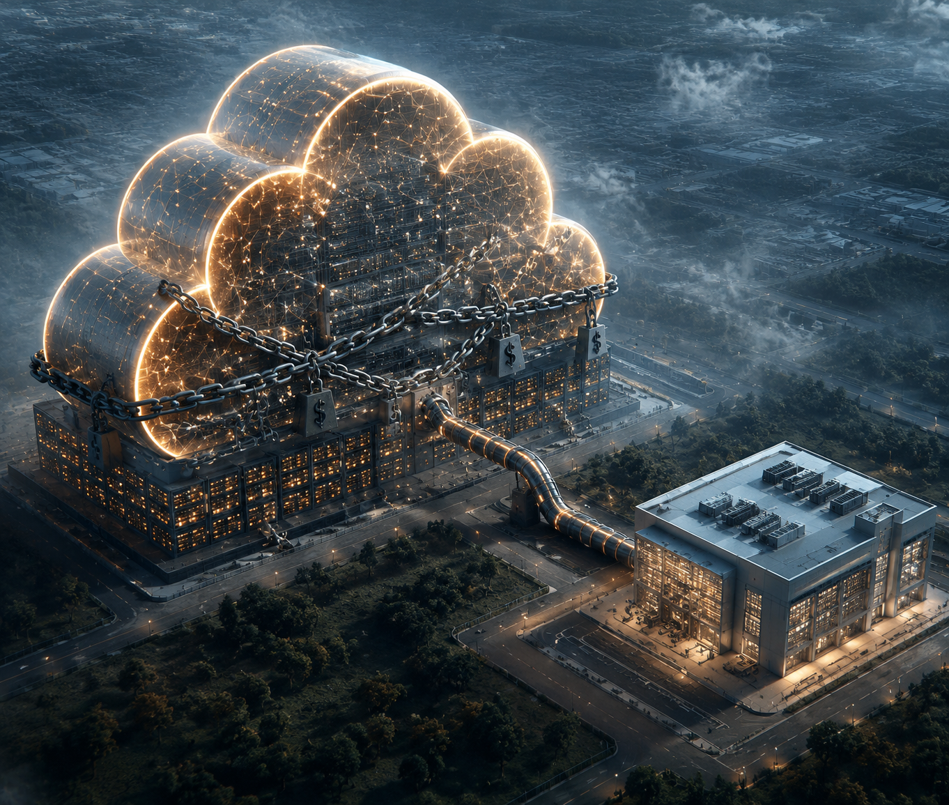 Interconnected AI cloud platform and data center landlord structures showing financial burden and infrastructure dependency