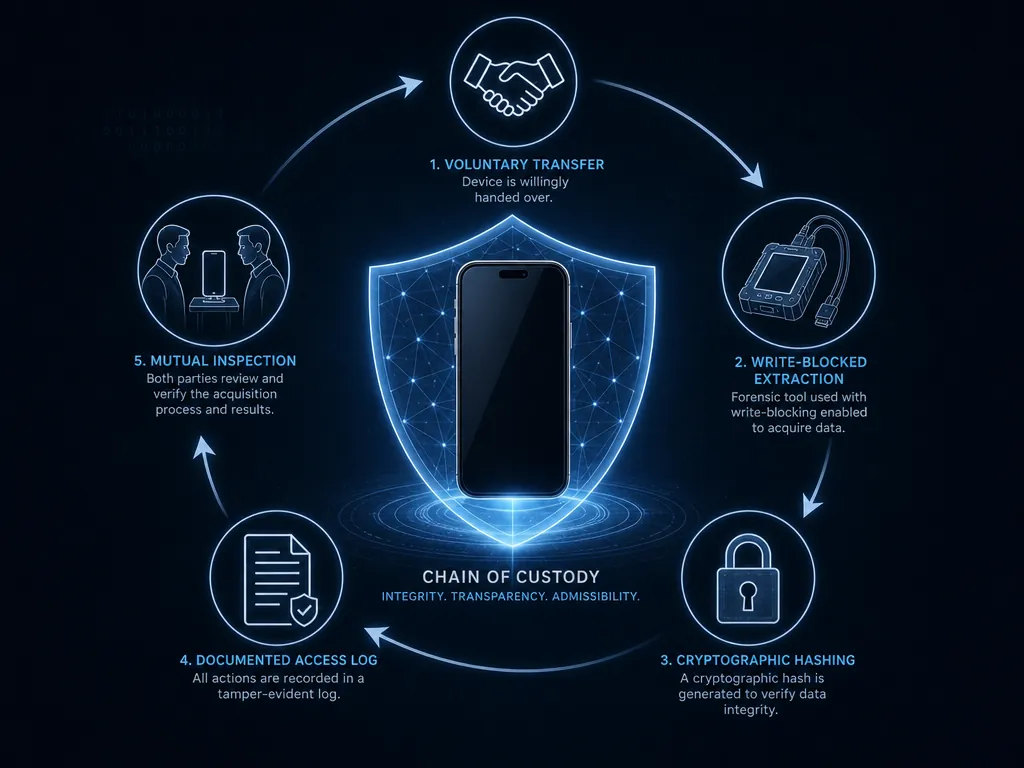 Smartphone forensic workflow showing handoff, extraction, cryptographic hashing, access logs, and mutual inspection