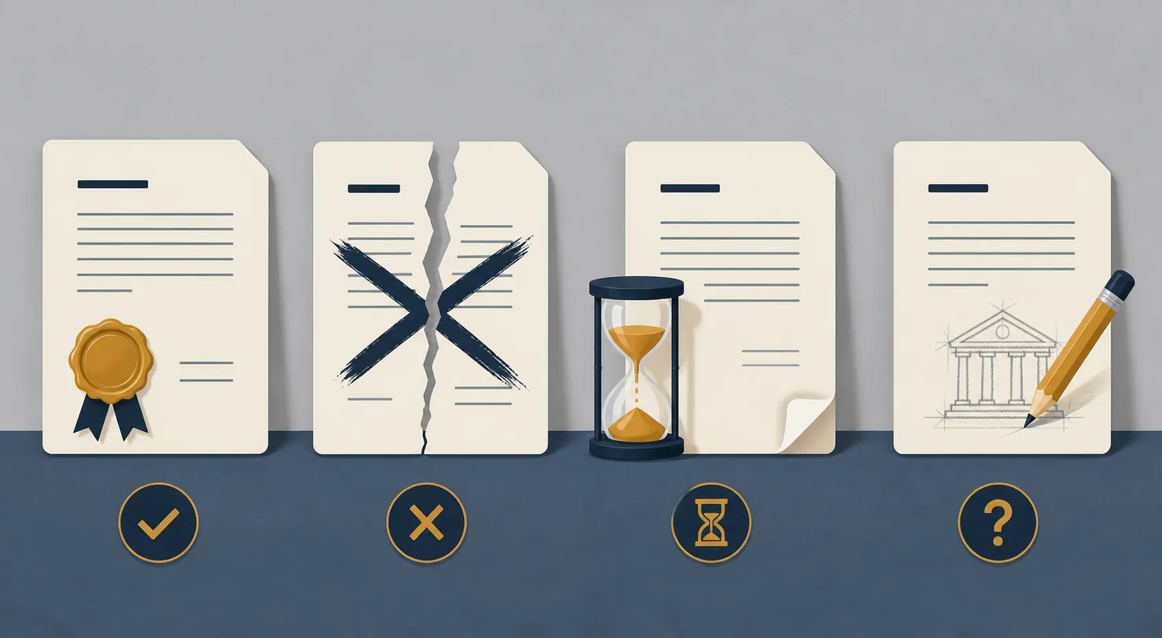 Four documents showing different legal statuses: approved, vacated, pending, and proposed