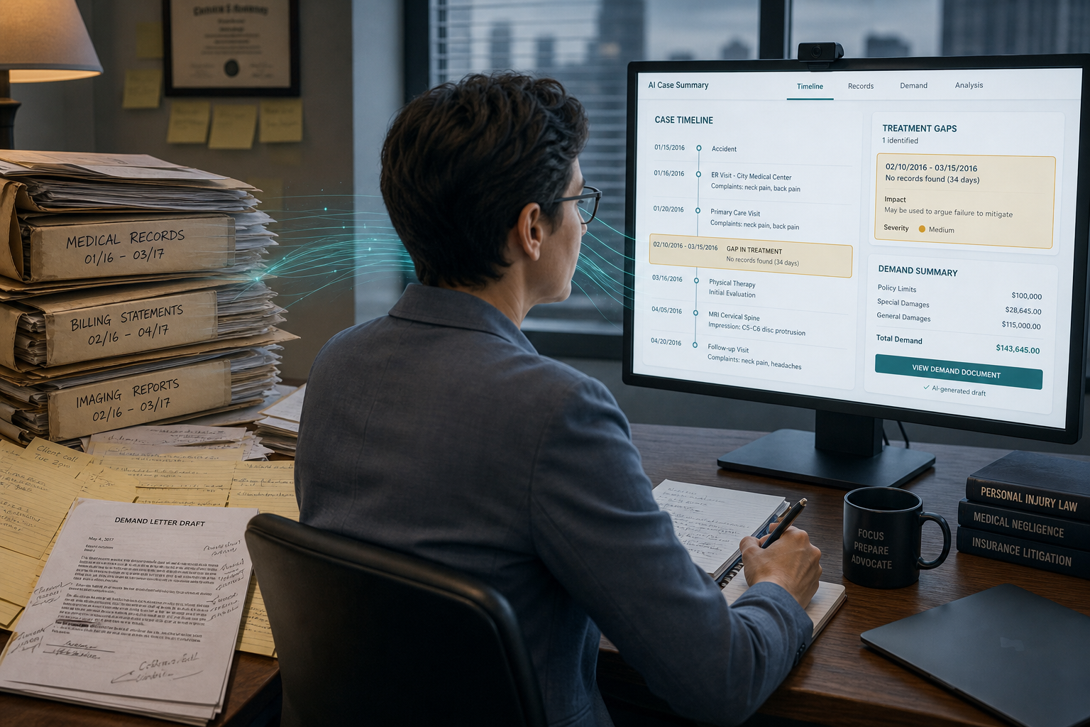 Split-panel illustration showing a plaintiff-side law office transitioning from analog medical record stacks to a structured AI-generated case timeline, with an attorney reviewing the output.