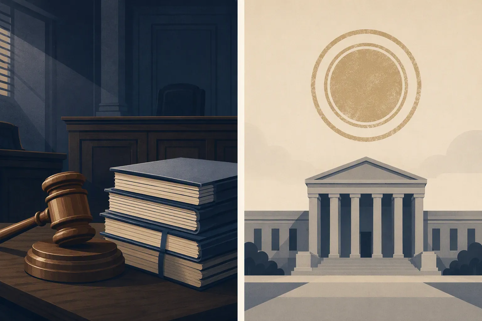 Split illustration of courtroom class-action risk and government regulatory penalty risk